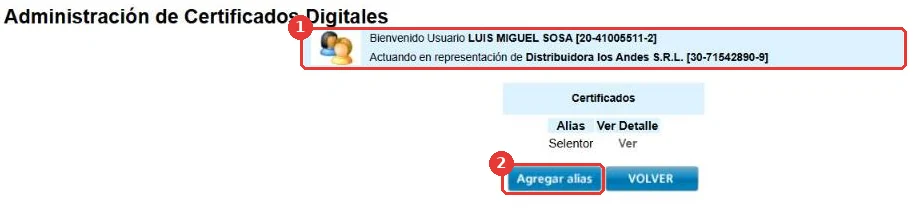 Administración de Certificados Digitales: encabezado con la razón social y botón Agregar alias
