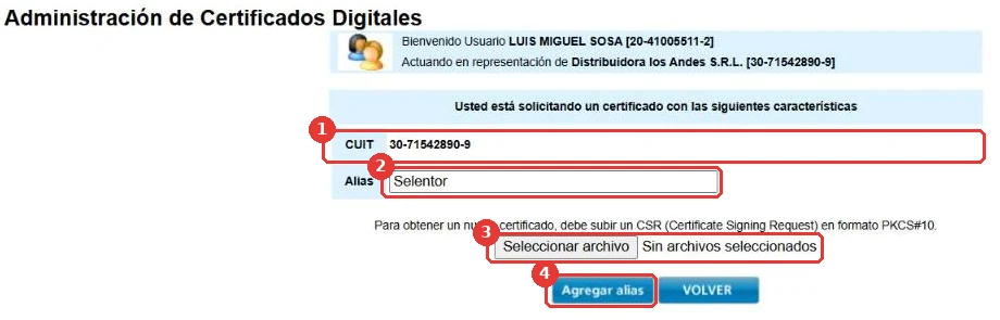 Formulario de alias: CUIT, Alias, archivo CSR y botón Agregar alias