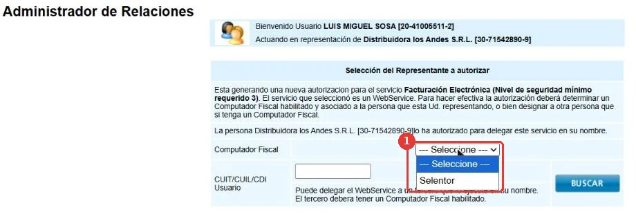 Selección del Representante a autorizar: desplegable Computador Fiscal con el alias