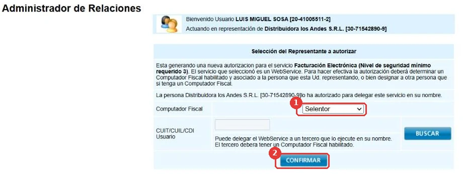 Computador Fiscal elegido, campo CUIT deshabilitado y botón CONFIRMAR
