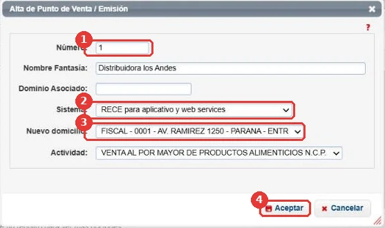 Alta de Punto de Venta / Emisión: Número, Sistema RECE para aplicativo y web services, Nuevo domicilio y Aceptar