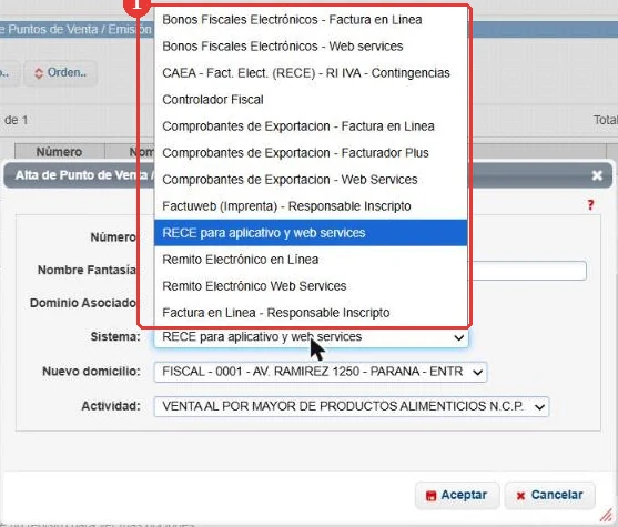 Desplegable Sistema con las opciones disponibles