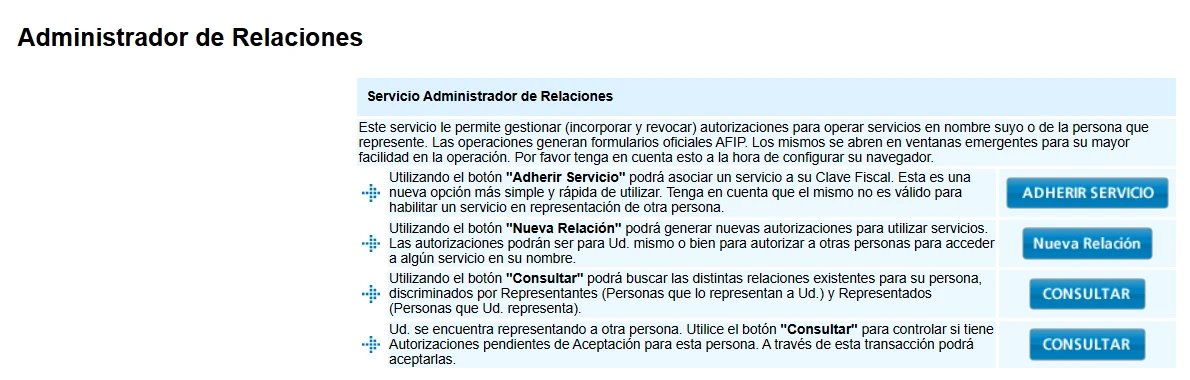 Administrador de Relaciones actuando por una sociedad: Adherir Servicio, Nueva Relación y Consultar