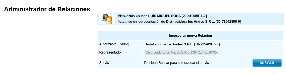 Incorporar nueva Relación con la sociedad como Autorizante y Representado