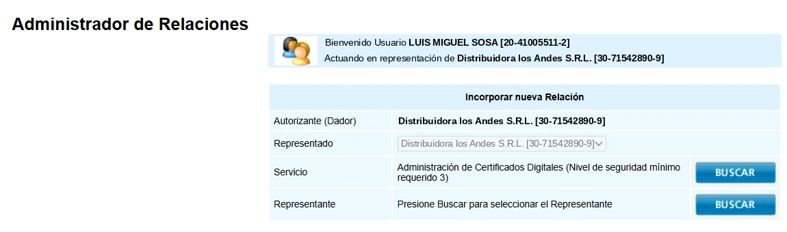 Servicio Administración de Certificados Digitales seleccionado; renglón Representante