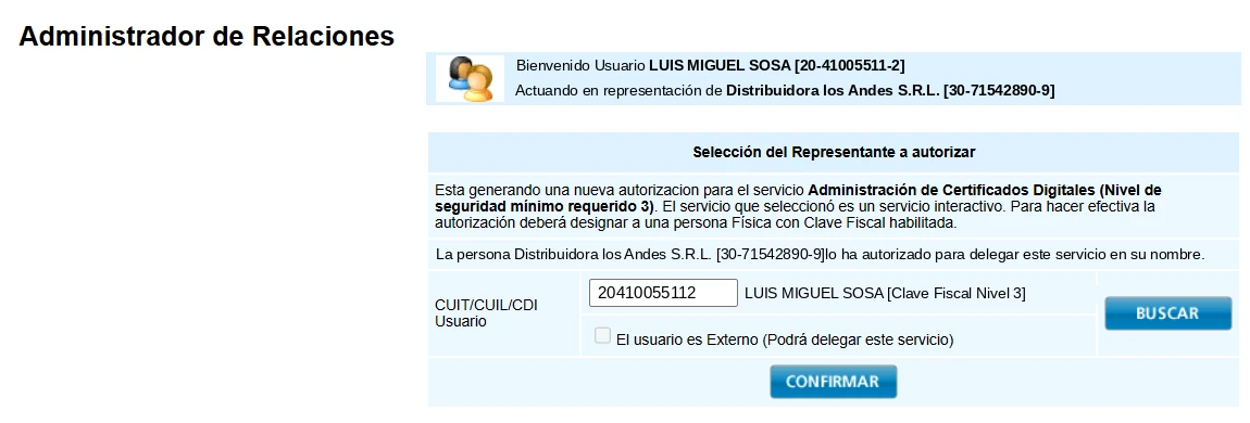 Selección del Representante a autorizar: CUIT del representante