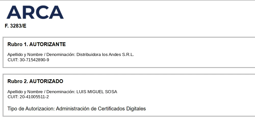 Formulario F. 3283/E que emite ARCA al confirmar