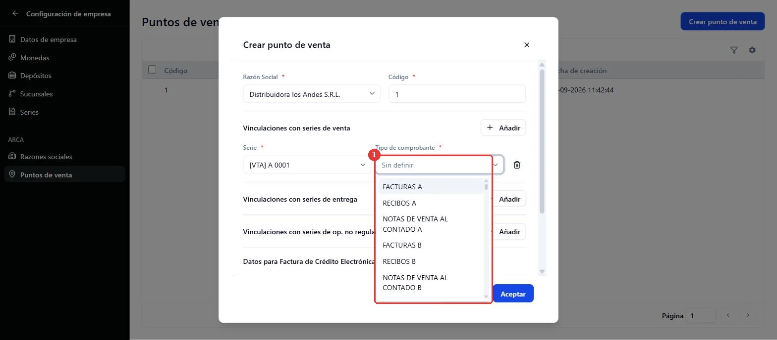 Desplegable Tipo de comprobante filtrado para una serie de venta