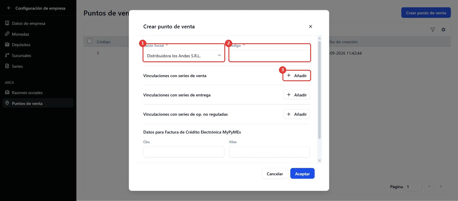 Diálogo Crear punto de venta: Razón Social, Código y Añadir
