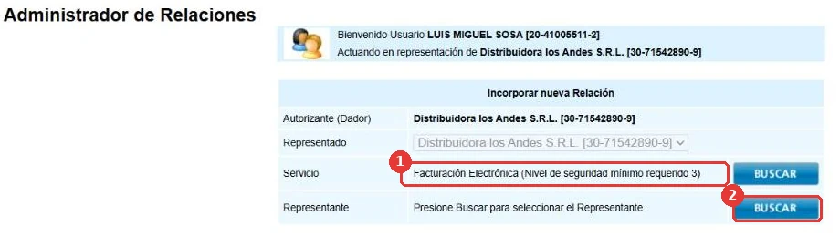 Incorporar nueva Relación con el servicio Facturación Electrónica cargado y el renglón Representante