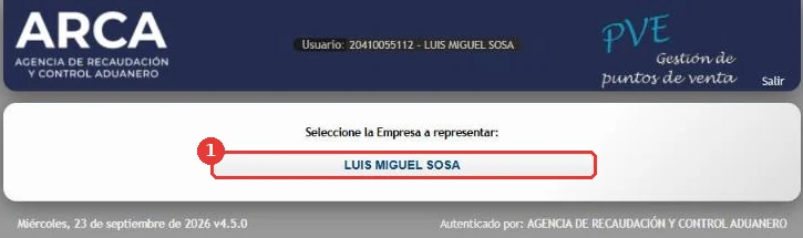 Seleccione la Empresa a representar: persona física, aparece tu propio nombre