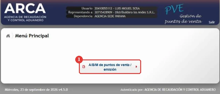 Menú Principal: A/B/M de puntos de venta / emisión